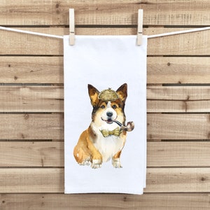 Corgi with Pipe Wearing Deerstalker Hat Flour Sack Kitchen Towel with Hanging Loop Funny Cute Dog Dish Cloth Housewarming Hostess Gift