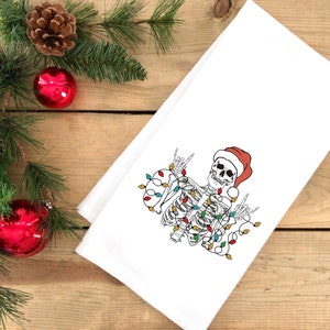 Rock On Santa Skeleton with Christmas Lights Funny Xmas Flour Sack Towel with Hanging Loop Dish Hand Kitchen Bathroom Decorative Decor Gift
