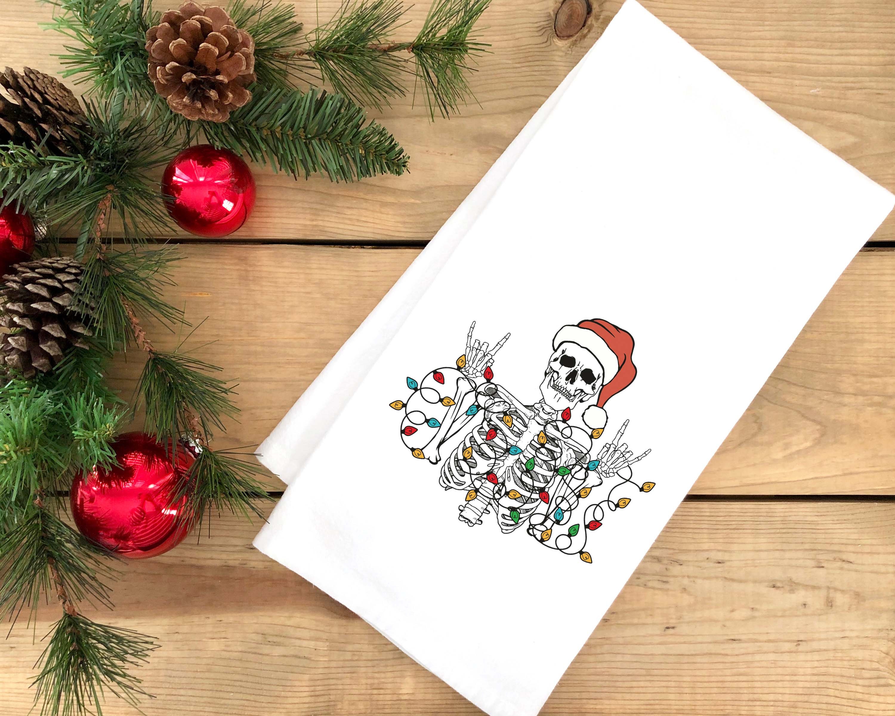 Rock On Santa Skeleton with Christmas Lights Funny Xmas Flour Sack…
