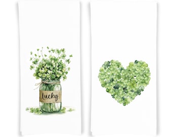 Lucky Shamrock Bouquet and Heart Shamrock Set of 2 Flour Sack Kitchen Towels Dish Cloth Hostess St Patricks Day Irish Gift for Women Men