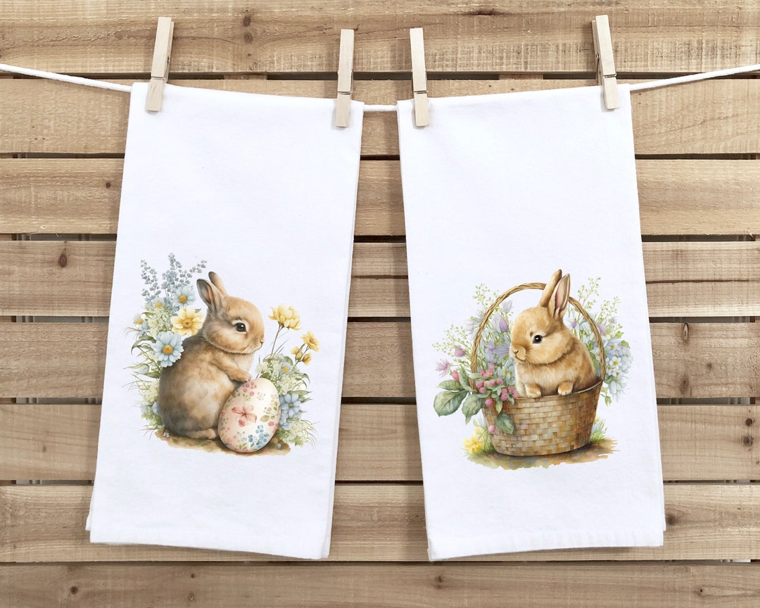 Watercolor Easter Bunnies Set of 2 Tea Towels Rabbit Floral Spring ...