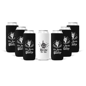 May include: A collection of black and white can coolers. The black coolers feature a skeleton hand with the text "Til Death do us Party". One white cooler has a skeleton hand with the text "Bride or Die".