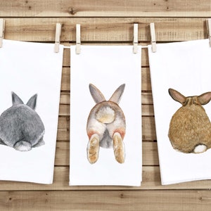 Set of 3 Bunny Butt Tea Towels Funny Cute Easter Rabbit Hare Cottontail Flour Sack Dish Bathroom Kitchen Spring Decor Decorative Hand Towel
