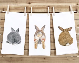 Set of 3 Bunny Butt Tea Towels Funny Cute Easter Rabbit Hare Cottontail Flour Sack Dish Bathroom Kitchen Spring Decor Decorative Hand Towel