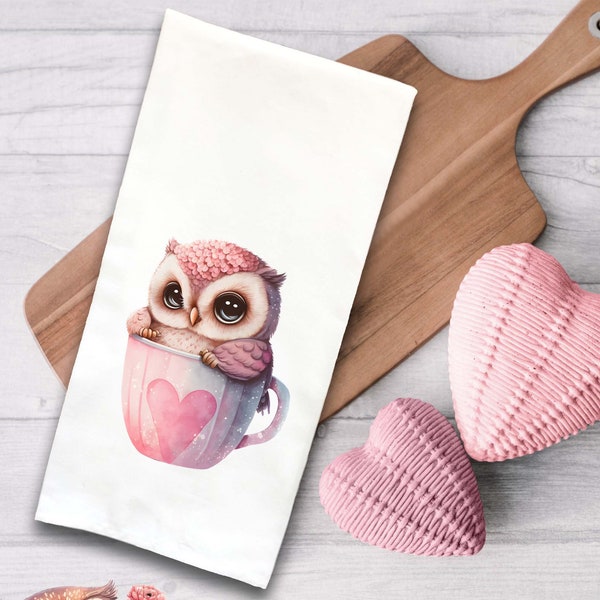 Chibi Owl in a Cup Valentine Tea Towel Cute Pink Hand Flour Sack Dish Towel Valentine's Birthday Mothers Day Gift Idea