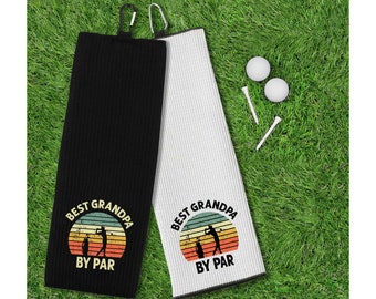 Best Grandpa By Par Tri-fold Golf Towel with Clip 100% Microfiber Waffle Weave Black White Gift Idea for Golfer Men Grandfather