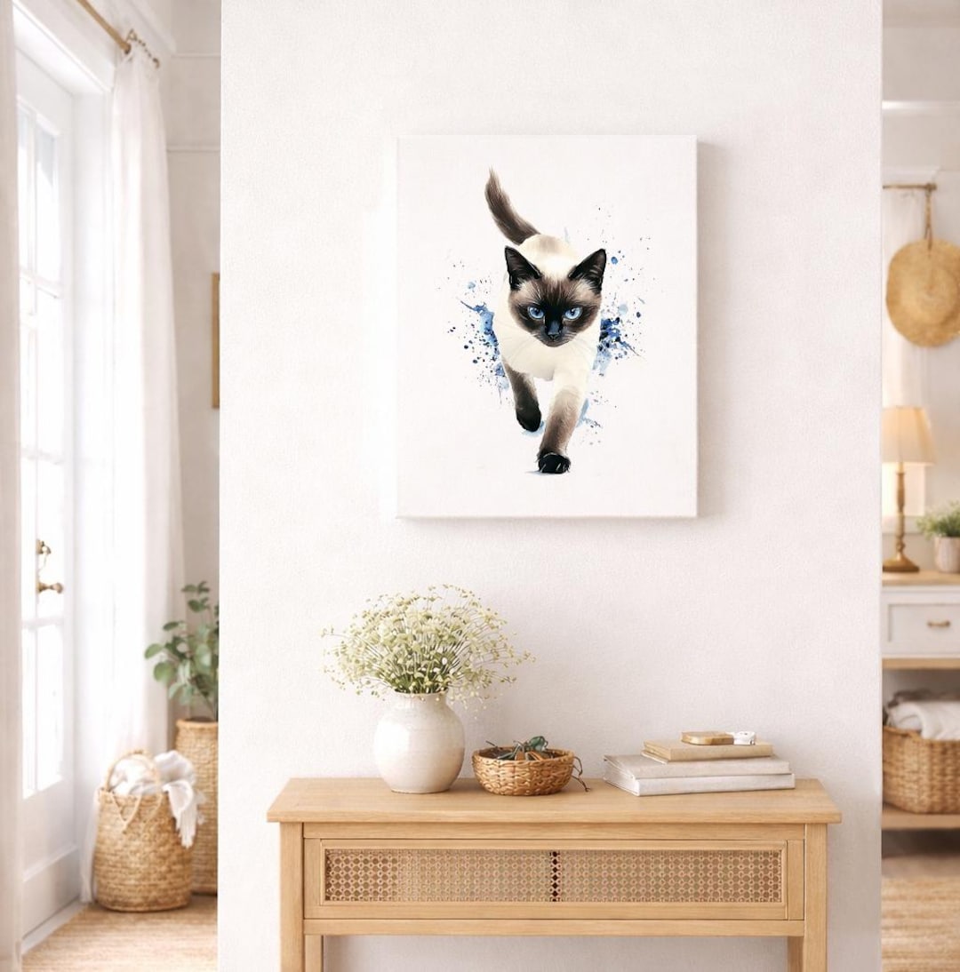 Siamese Cat Wall Art – Watercolor Style Wrapped Canvas Print, Unique ...