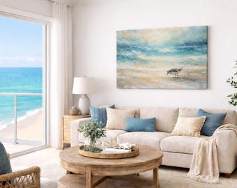 Sandpiper Beach Canvas Wall Art – Coastal Shorebird Ocean Painting, Serene Seaside Bedroom Decor, Soft Blue Neutral Wall Art