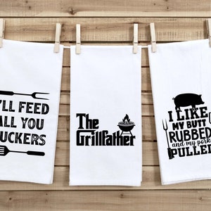 The Grillfather I Like My Butt Rubbed and My Pork Pulled I'll Feed All You Fuckers Gift Set of 3 Funny Kitchen Hand Grilling Towels for Men