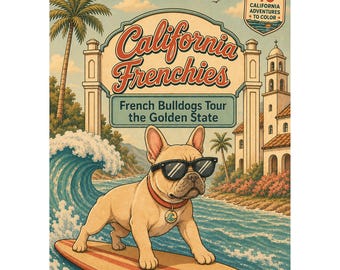 California Frenchies Tour the Golden State Coloring Book, French Bulldog Gift, Instant Download