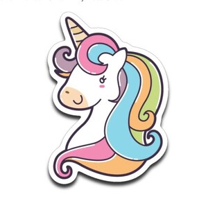 May include: A cartoon illustration of a unicorn with a pink, blue, and yellow mane and horn. The unicorn has a white body and a pink nose.