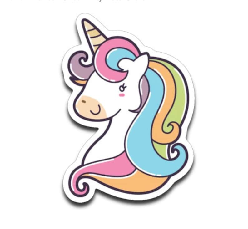 May include: A cartoon illustration of a unicorn with a pink, blue, and yellow mane and horn. The unicorn has a white body and a pink nose.