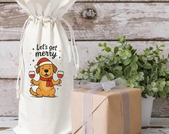 Let's Get Merry Dog Christmas Wine Gift Bag Carrier for Single Bottle, Holiday Xmas Hostess Gift