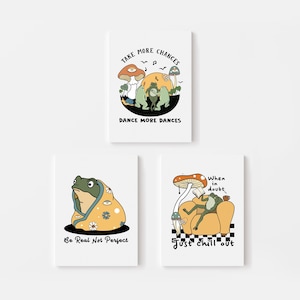Set of 3 Cute Frog Canvas Prints – Inspirational Wall Art, Cottagecore Mushroom Decor, Whimsical Animal Quotes, Boho Frog Art