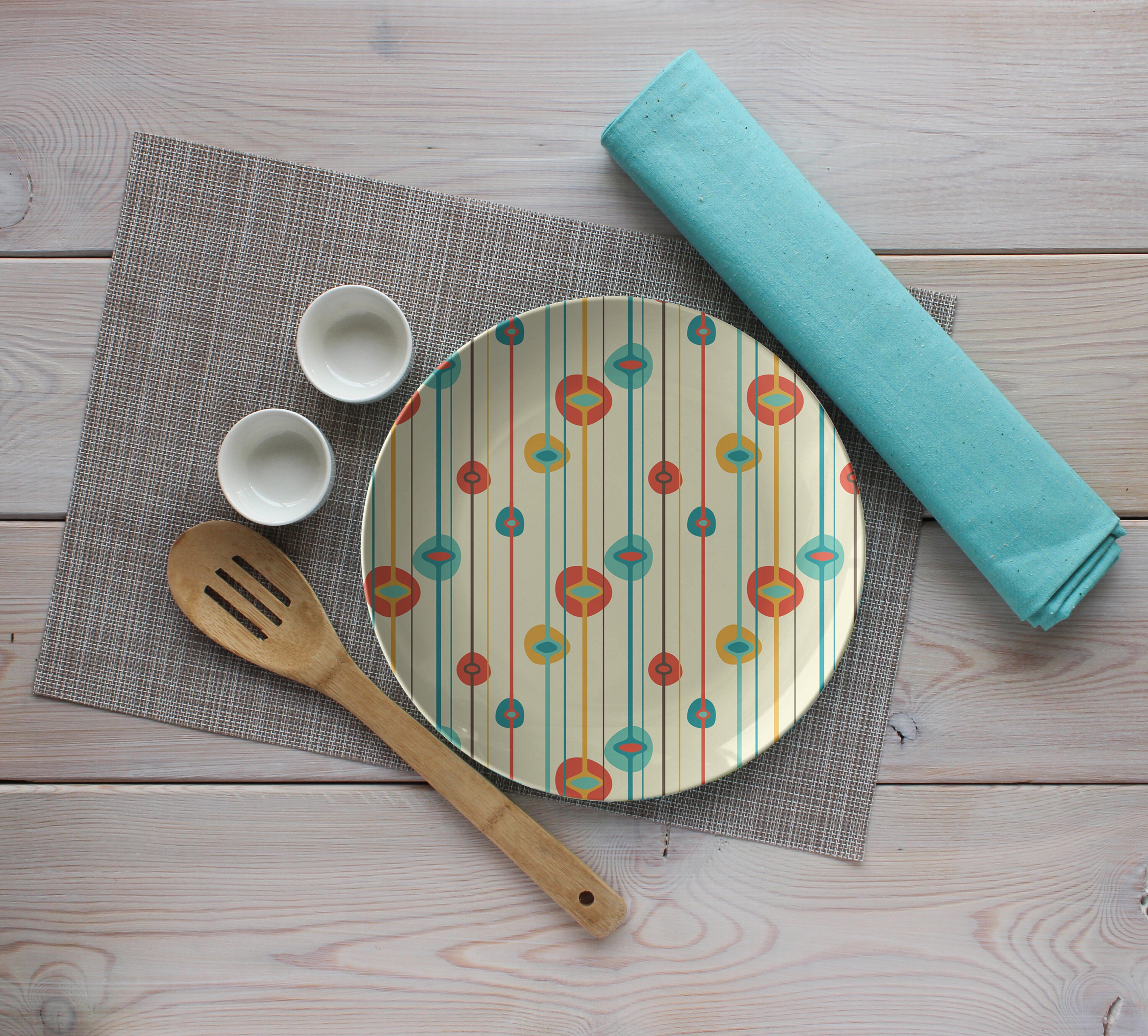Mid Century Modern Plates | Red Blue Orange Geometric Pattern Home