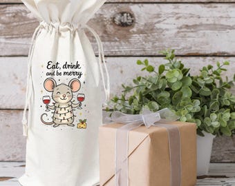 Eat Drink and Be Merry Mouse Christmas Wine Gift Bag Carrier for Single Bottle, Holiday Xmas Hostess Gift