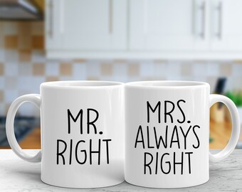 Mr. Right and Mrs. Always Right Matching Mug Set | Set of 2 His and Hers Ceramic Coffee Mugs | Cute Gifts for Newlyweds Couples Husband Wife
