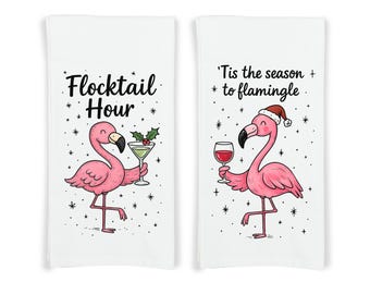 Flamingo Christmas Towels Set of 2 – Flocktail Hour & Tis the Season to Flamingle Holiday Christmas Kitchen or Bar Decor