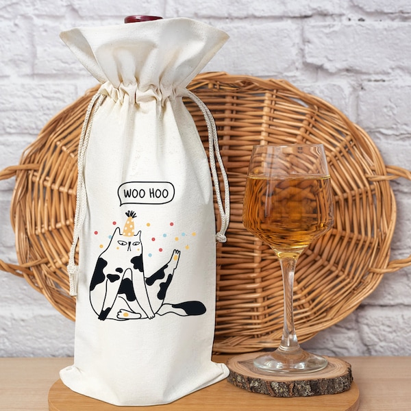 Woo Hoo Cat Funny Congratulations Wine Gift Bag Reusable Carrier for Single Bottle Cover for Men Women New Job Promotion Wedding Birthday
