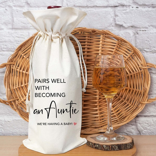 Pairs Well with Becoming an Auntie We're Having a Baby Announcement Wine Gift Bag Reusable Carrier for Single Bottle Pregnancy Reveal