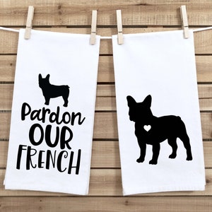 Set of 2 French Bulldog Flour Sack Kitchen Towel Gift Two Funny Frenchie Dog Dish Towels Birthday Christmas Housewarming Gift for Women Men