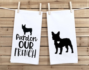 Set of 2 French Bulldog Flour Sack Kitchen Towel Gift Two Funny Frenchie Dog Dish Towels Birthday Christmas Housewarming Gift for Women Men