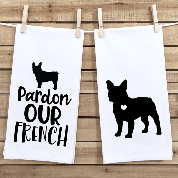 Set of 2 French Bulldog Flour Sack Kitchen Towel Gift Two Funny Frenchie Dog Dish Towels Birthday Christmas Housewarming Gift for Women Men