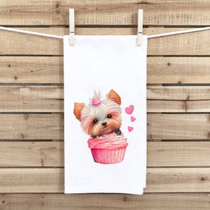 Yorkie in a Cupcake Mehlsack Küchenhandtuch Niedlicher Yorkshire Terrier Hundeliebhaber Herz Hand Geschirrtuch Valentinstag Geburtstag Geschenk