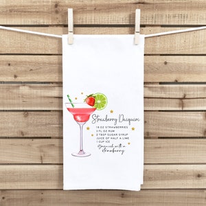 Przepis na truskawkowy daiquiri Ręcznik do rąk z pętelką do zawieszania - 100% bawełny, worek na mąkę, ściereczki kuchenne - Home Bar Hostess Urodziny Dzień Matki Prezent