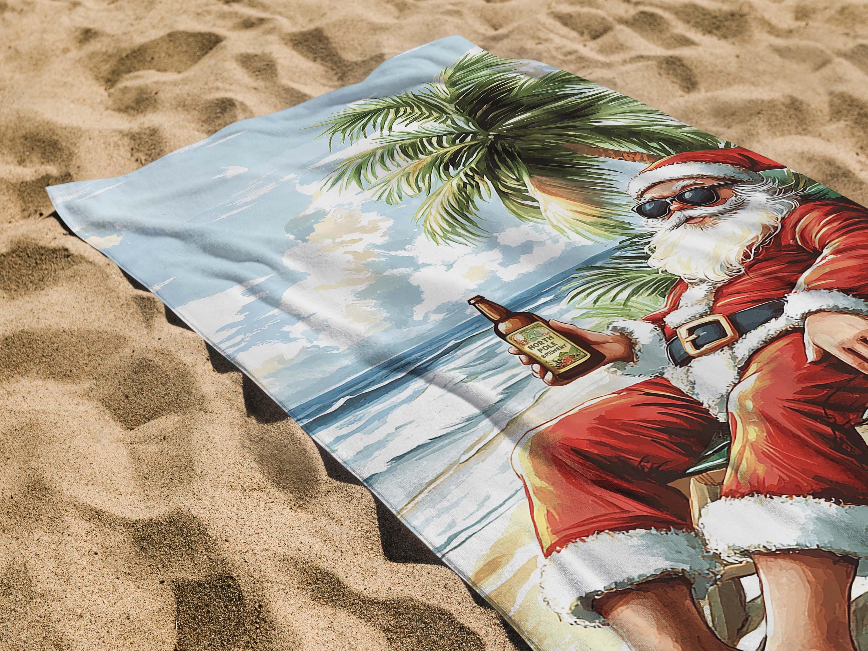 トロピカルサンタのクリスマスビーチタオル – 休暇中の面白いサンタ