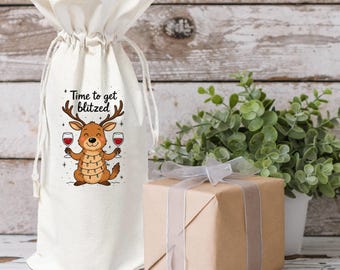 Time to Get Blitzed Reindeer Christmas Wine Gift Bag Carrier for Single Bottle, Holiday Xmas Hostess Gift