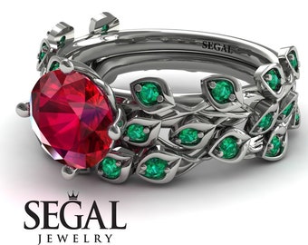 2ct Ruby Bridal Set Rose Gold Engagement Ring leaf Engagement Rings Red Ruby Bridal Set