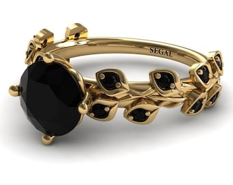 Black diamonds engagement rings for women 18k yellow gold ring 2 carat black diamond engagement ring black leaves