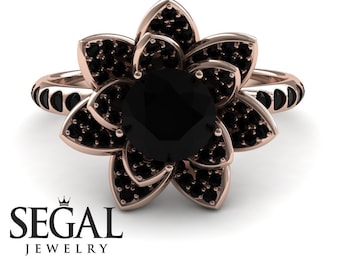 Black Diamond Ring Lotus Flower Ring Black Lotus Engagement Ring Diamond Flower Ring Unique Engagement Rings Rose Gold Promise Ring for Her