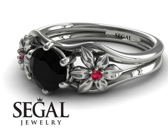 White Gold Engagement Ring Black Diamond Ring Flower Ring Unique Proposal Ring Vintage Ring Nature Ring Edwardian Engagement Ring - Bella