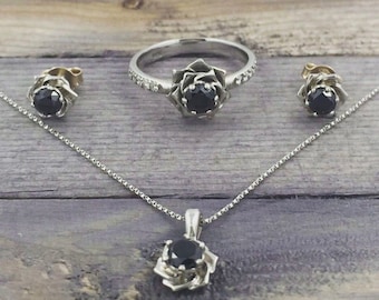 Flower Jewelry Set Rose Flower Ring Rose flower Earrings Rose flower pendant Rose Flower Engagement ring