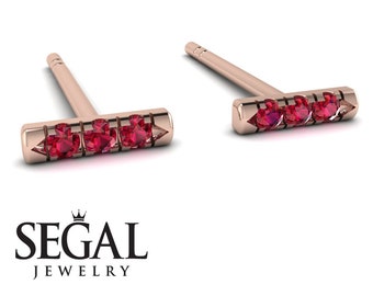 Boucles d'oreilles puces en or rose 14K-18K avec rubis rouge, 3 pierres, cadeau idéal pour elle - Mina