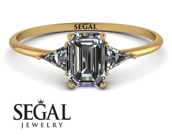 14K Yellow Gold Three Stone Emerald Cut Diamond Ring, Triangle cut Natural Diamond Gold Stacking Engagement Ring