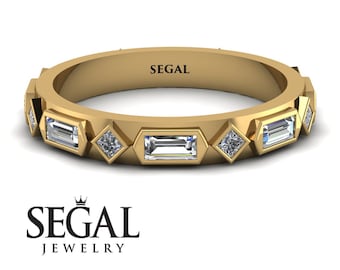 14k Yellow Gold Diamond Eternity Baguette Ring, Princess cut Gold Stacking Eternity Band