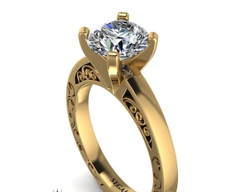 Solitaire engagement ring rose gold Art Deco Vintage Ring Solitaire Round Diamond Engagement Ring