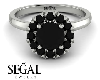 Anel de noivado com diamante negro Halo Vintage Real Ouro branco 14k, Anéis de noivado com diamante negro para mulheres - Presley