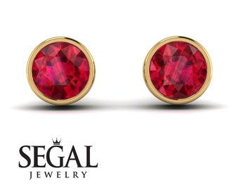 Ruby Bezel Set Stud Earrings Gold 14K-18K Gold Red Ruby Earrings Bezel Stud Anniversary Gift - Royal