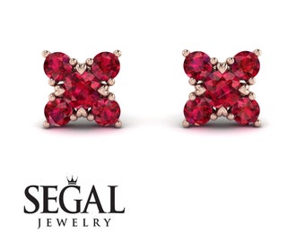 Boucles d'oreilles puces en rubis géométriques en or rose 18 carats, boucles d'oreilles rubis rouges en or rose 14 carats, boucles d'oreilles puces en rubis, cadeau d'anniversaire - Noa