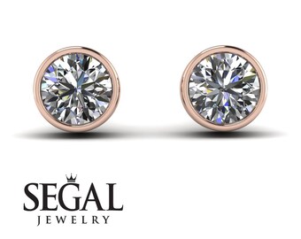 Diamond Bezel Stud Earrings Rose Gold 14K-18K Rose Gold Bezel Set Diamond Stud Earrings Gift for Women - Royal