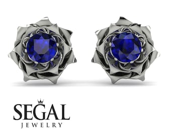 Sapphire Rose Flower Earrings White Gold 14K-18K White Gold Blue Sapphire Flower Earrings Anniversary Gift - Elena