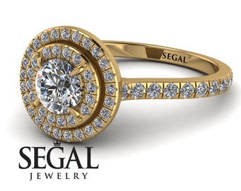 Verlobungsring aus 14-karätigem Gelbgold mit rundem Diamanten und doppeltem Halo