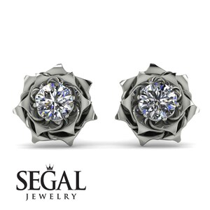 Rose Flower Diamond Earrings White Gold 14K-18K White Gold Rose Earrings Diamond Birthday Gift - Elena
