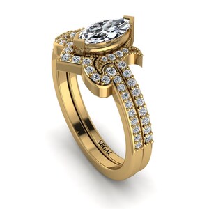 Minimalist 14K Yellow Gold Marquise Cut diamond Pave Bridal Set Bridal set Premium Moissanite 0.42 - Kathleen