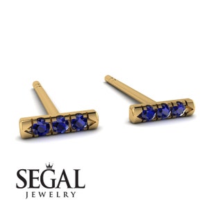 Blue Sapphire Stud Earrings Gold 14K-18K Gold Stud Sapphire Earrings 3 Stones Gifts for Birthday - Mina