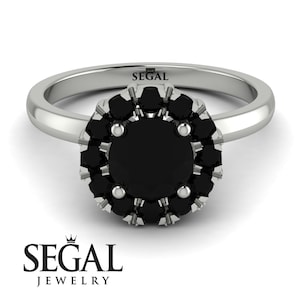 Black diamond engagement ring black diamond Halo Vintage Real 14k white gold, Engagement Rings black diamond for Women - Presley